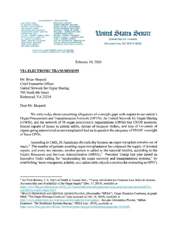 2020 02 10 Grassley Wyden Young Cardin to UNOS Information Request on Organ Transplant System