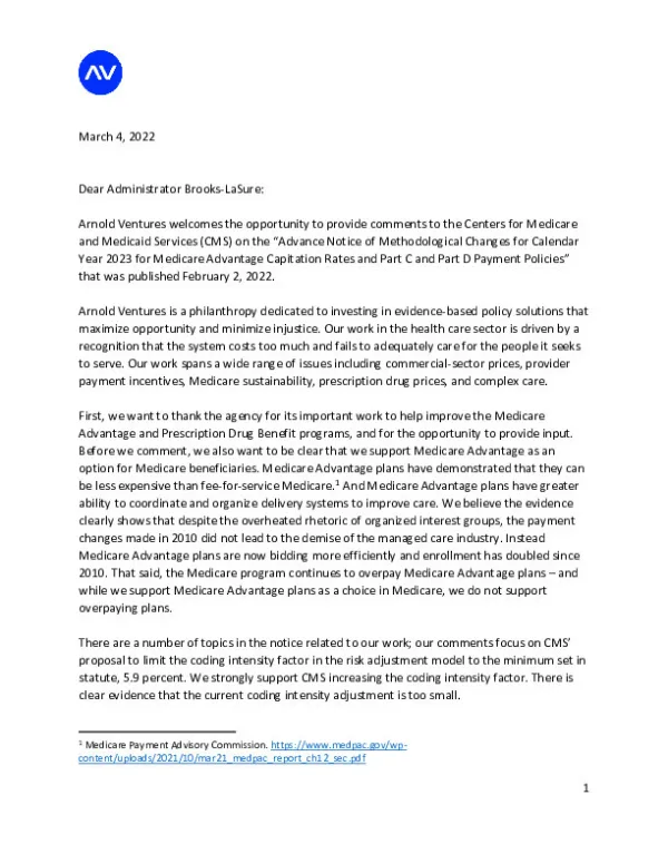 Arnold Ventures Comment Letter on 2023 Medicare Advance Notice
