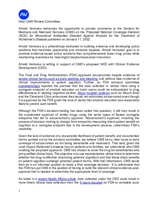 Arnold Ventures NCD CED Comment Letter FINAL