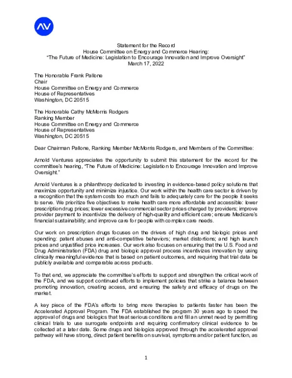 Arnold Ventures Statement for the Record March 17 2022