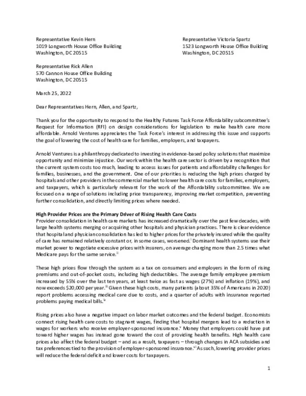 Arnold Ventures Healthy Futures Afford RFI March 2022