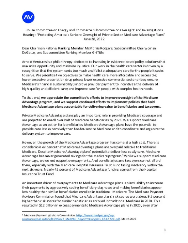 AV Letter on Medicare Advantage Oversight Hearing June 2022