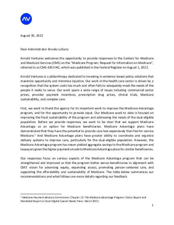 Arnold Ventures Response to MA RFI CMS 4203 NC