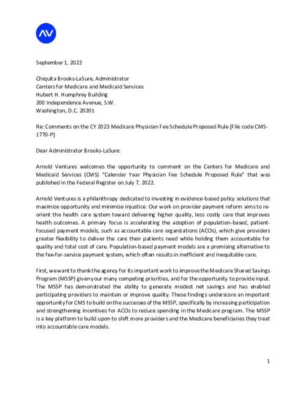 Arnold Ventures Comment on MSSP Requirements MS 1770 P 9 1 22