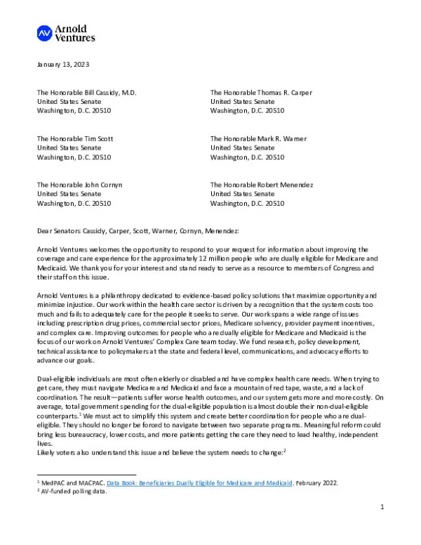 Arnold Ventures Medicare and Medicaid Integration RFI Response 1 13 23