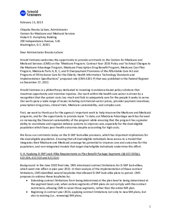 Arnold Ventures 2024 MA Proposed Rule Comments 1