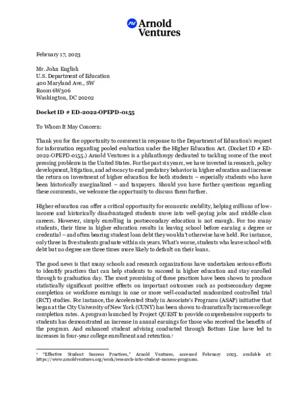 Arnold Ventures Comments to the Department of Education on Pooled Evaluation