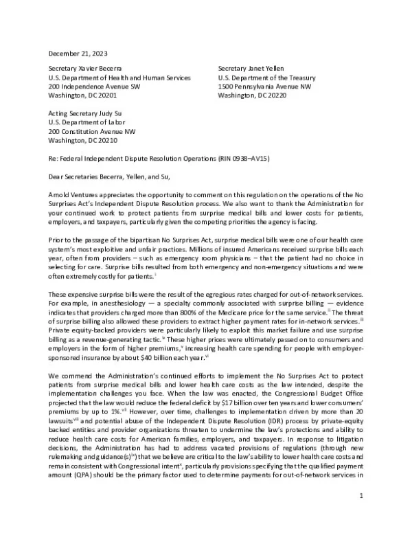 Arnold Ventures IDR Operations Rule Comments 12 21 23