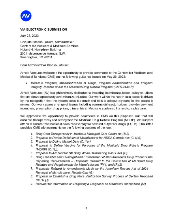 Arnold Ventures CMS MDRP Comment Letter 7 25 23