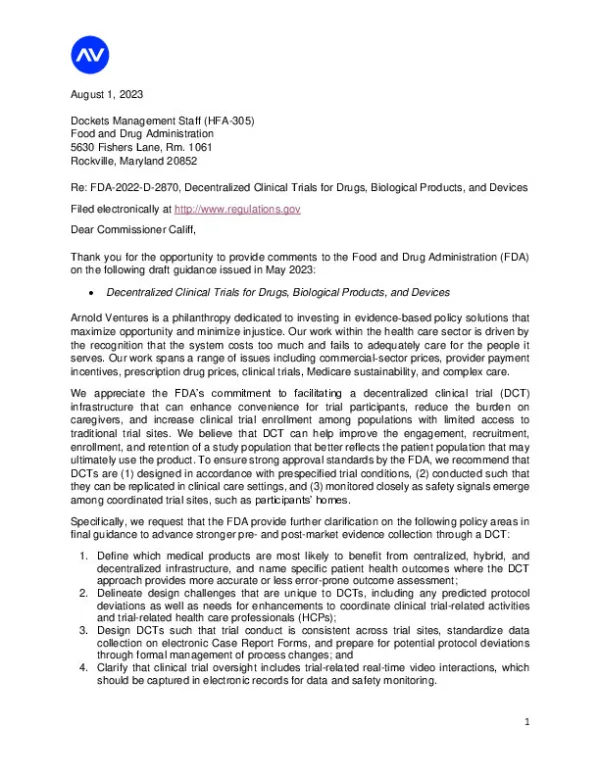 Arnold Ventures FDA Draft Guidance DCT Aug 2023