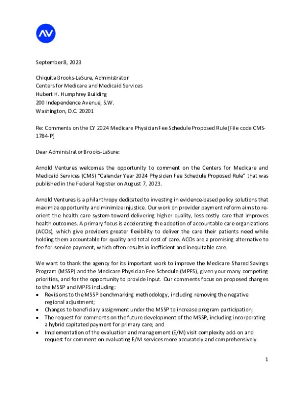 Arnold Ventures Comment on CY2024 MPFS Rule CMS 1784 P 9 8 23