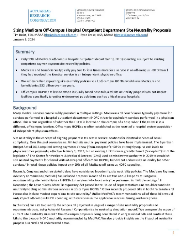 Sizing Medicare Off Campus HOPD Site Neutrality Proposals 2024 01 03