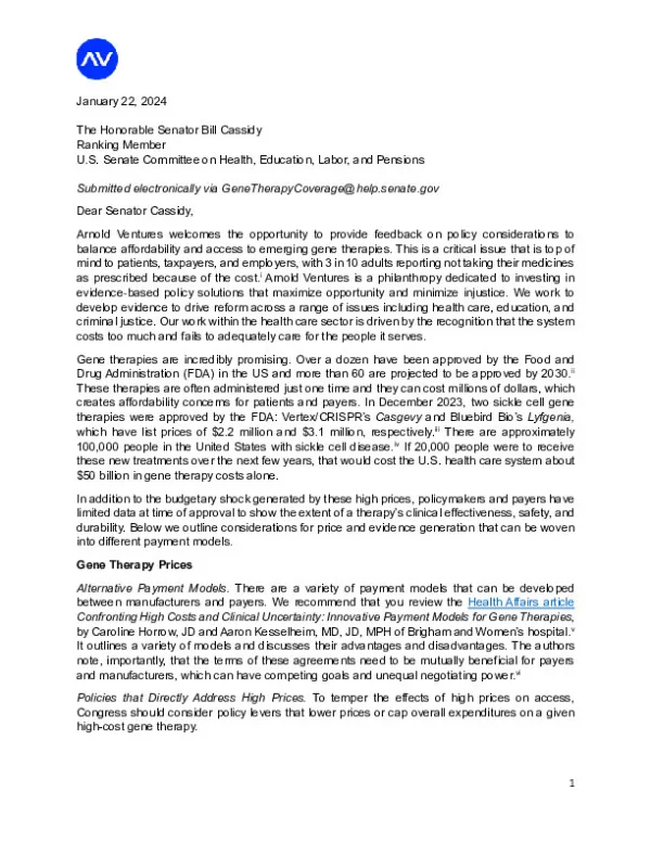 Arnold Ventures Senator Cassidy RFI Cell and Gene Therapies FINAL