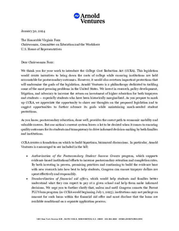 Arnold Ventures College Cost Reduction Act Letter 1 30 2024