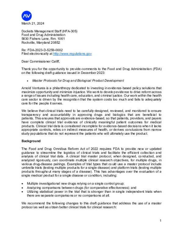 Arnold Ventures FDA Draft Guidance Master Protocol Mar 2024