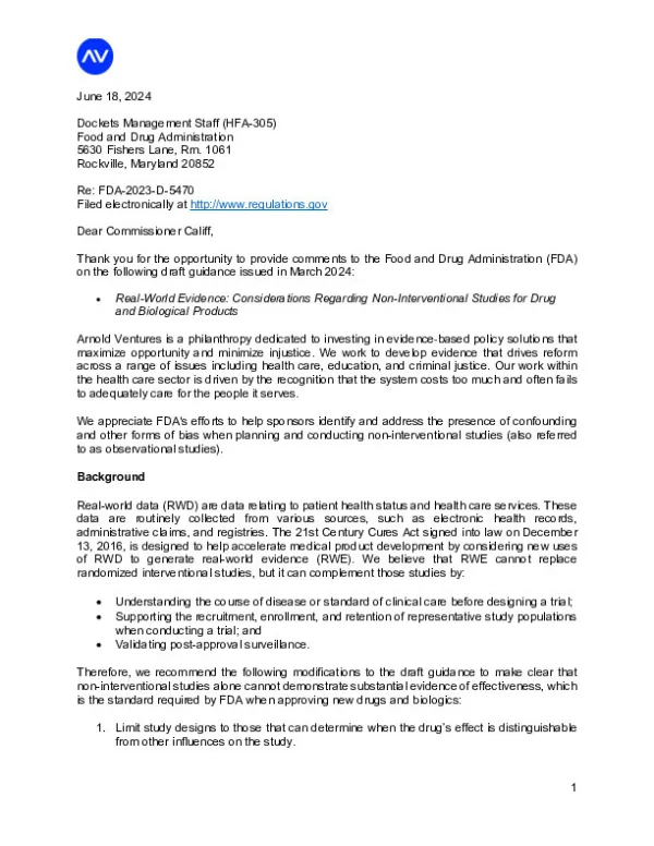 Arnold Ventures FDA Draft Guidance RWE June 18 2024
