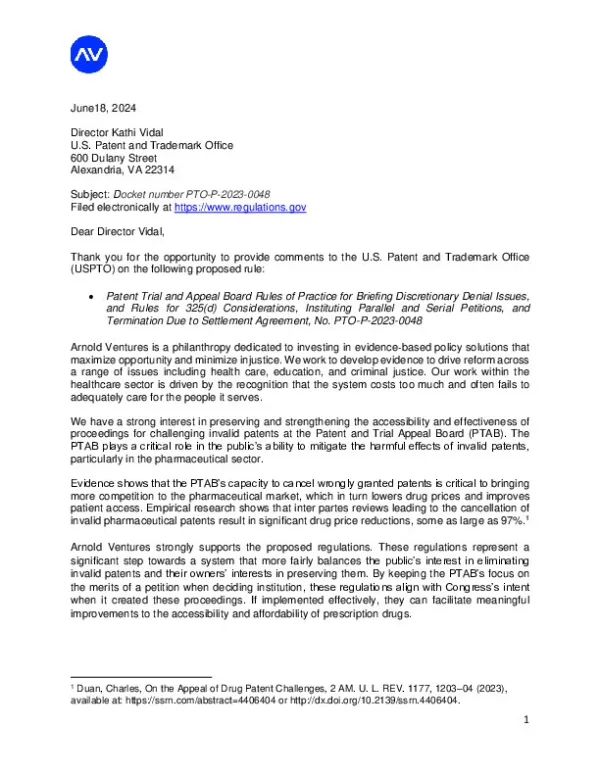 Arnold Ventures USPTO June 18 2024
