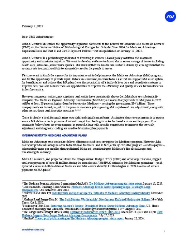 AV Comment Letter on 2026 MA Advance Notice