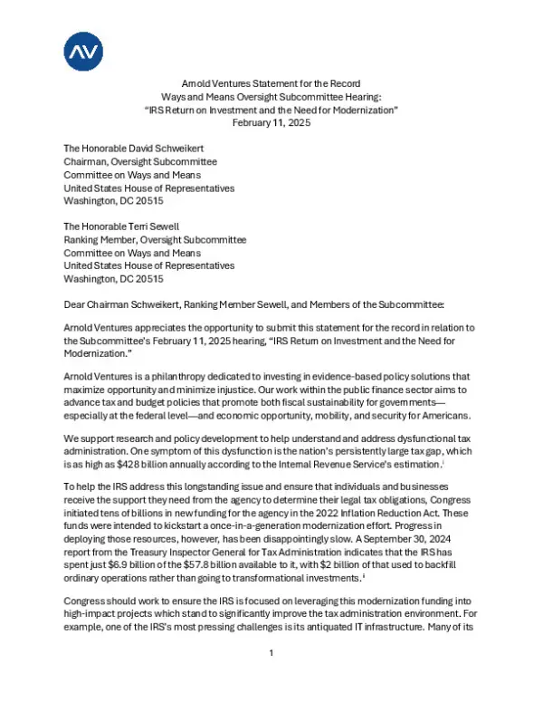 AV SFR IRS Return on Investment and the Need for Modernization