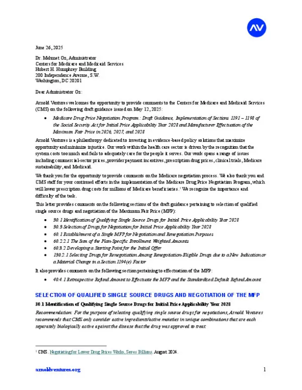 Arnold Ventures Comment Letter on 2028 Negotiation Guidance