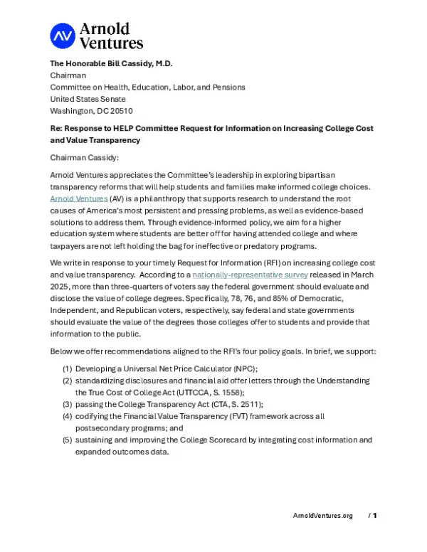 Arnold Ventures Price and Value Transparency RFI