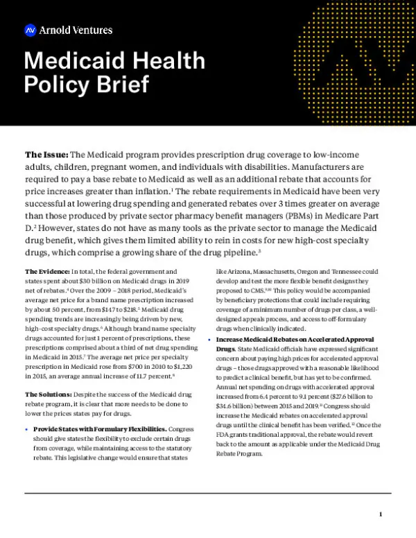 A detailed Medicaid Health Policy Brief discussing drug coverage for low-income individuals, rebate requirements, and spending concerns.