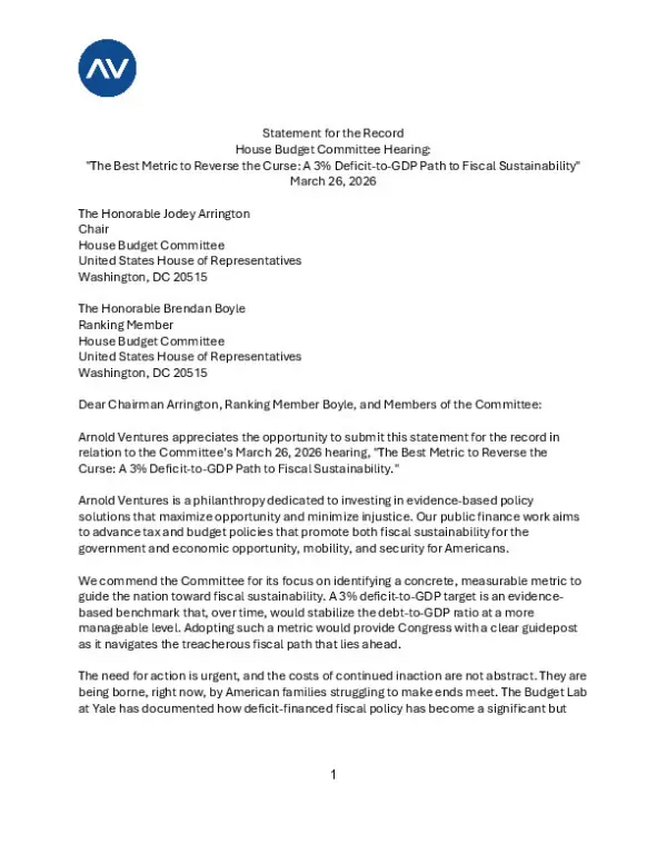 AV SFR Hearing on the Best Metric to Reverse the Curse A 3 Deficit to GDP Path to Fiscal Sustainability