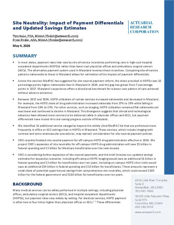 Report summarizing the effects of payment differentials in healthcare settings, highlighting site neutrality and its financial implications.