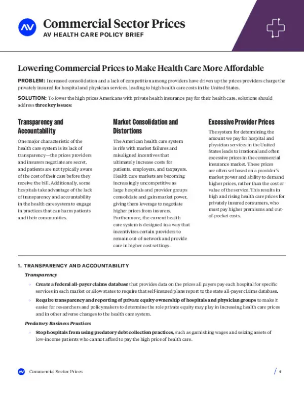 A policy brief discussing the need for lower commercial health care prices in the U.S., focusing on transparency, market consolidation, and provider costs.
