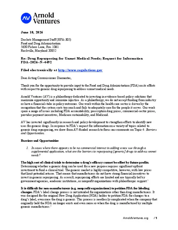 Arnold Ventures FDA Generic Drug Repurposing Comments Final June 2026