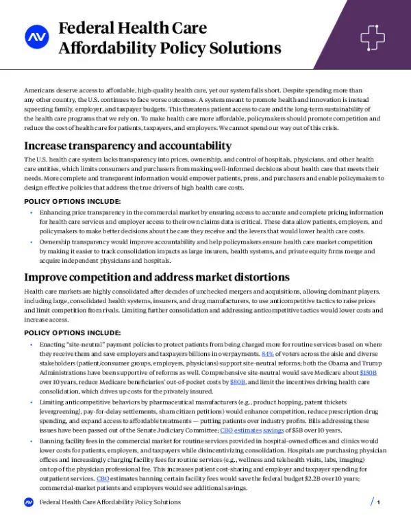 Federal Health Care Affordability Policy Solutions