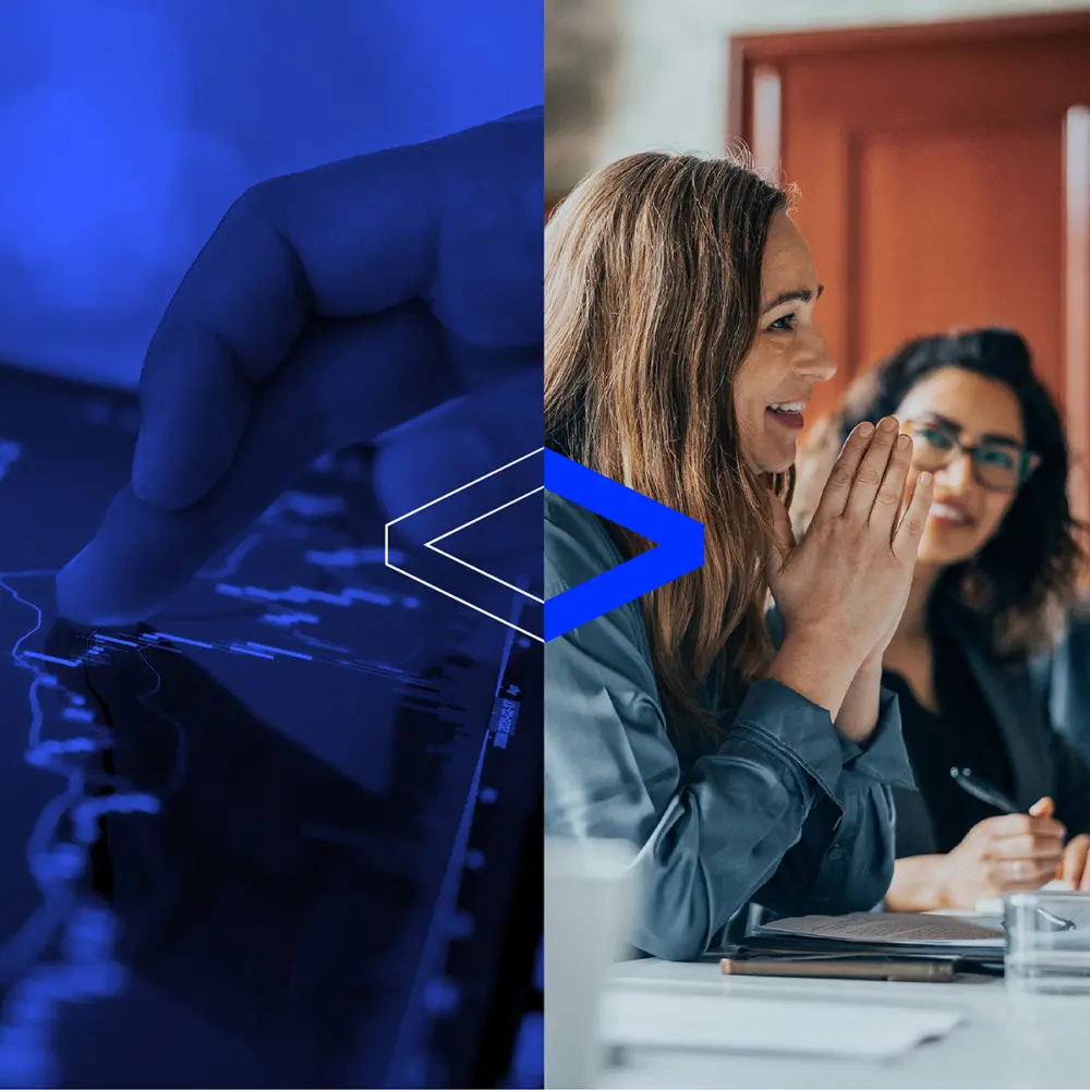 Split-screen of a hand touching a blue digital map and a person smiling in a meeting, with a blurred colleague in the background