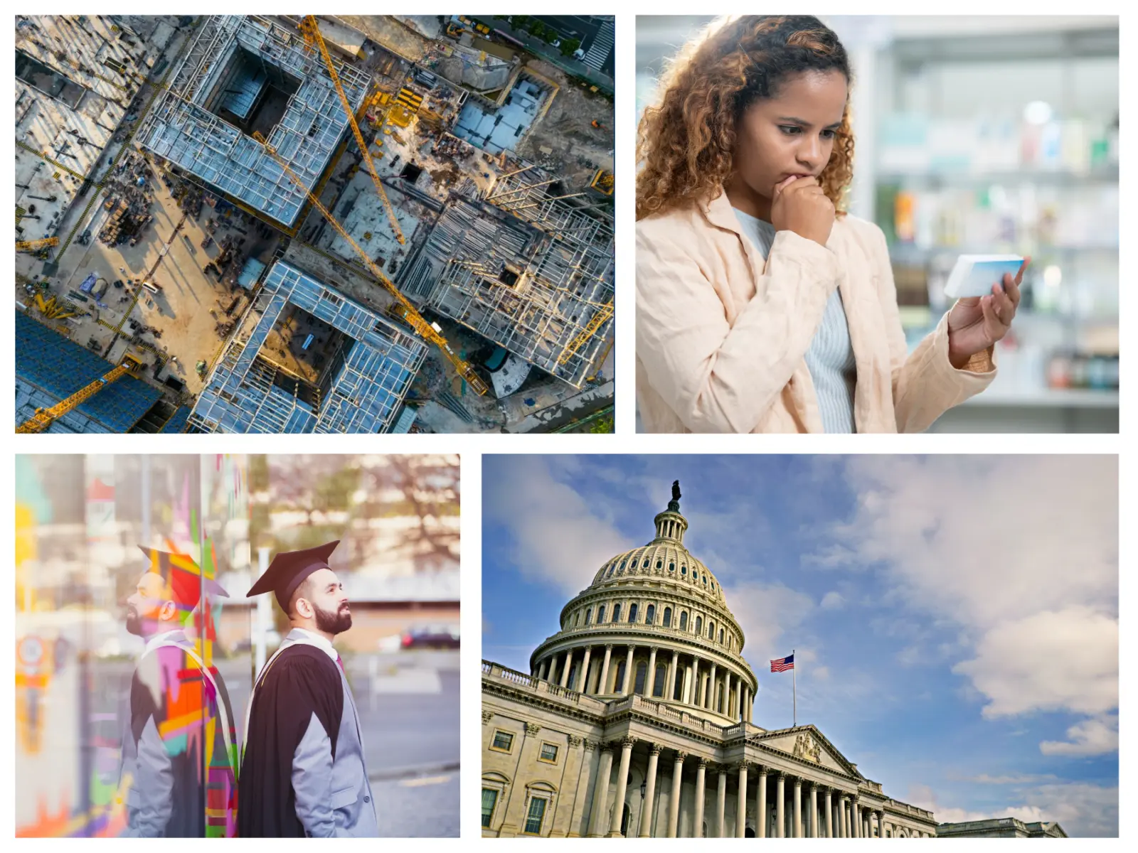 A collage of four images: a construction site from above, a thoughtful woman holding a phone, a graduate in cap and gown, and the U.S. Capitol building.