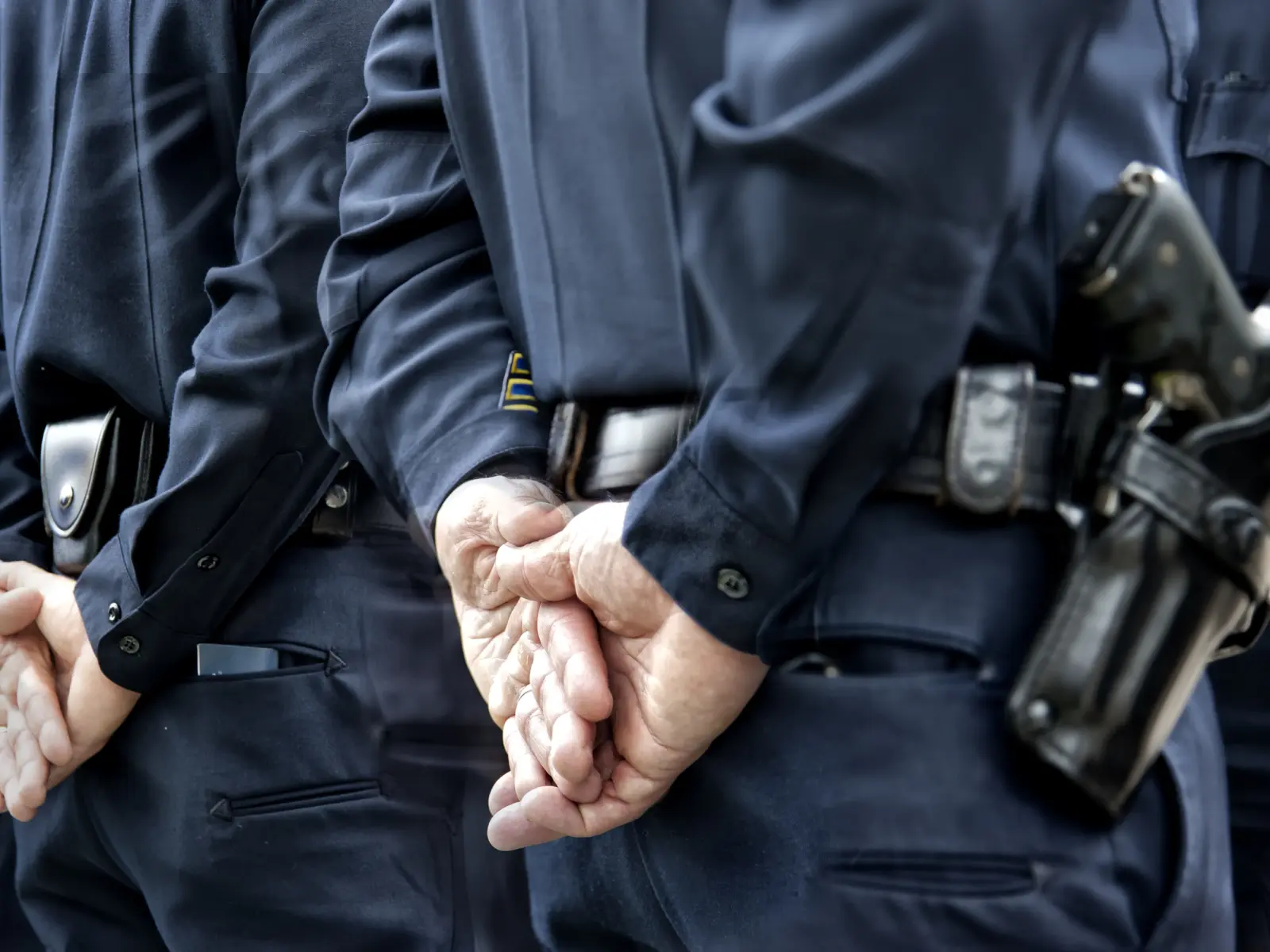 Image of officers from behind standing at attention.