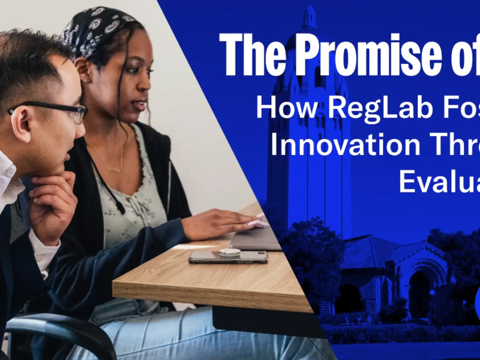 Two individuals collaborate on a laptop, discussing the role of AI in innovation, framed by a university backdrop and informative text.