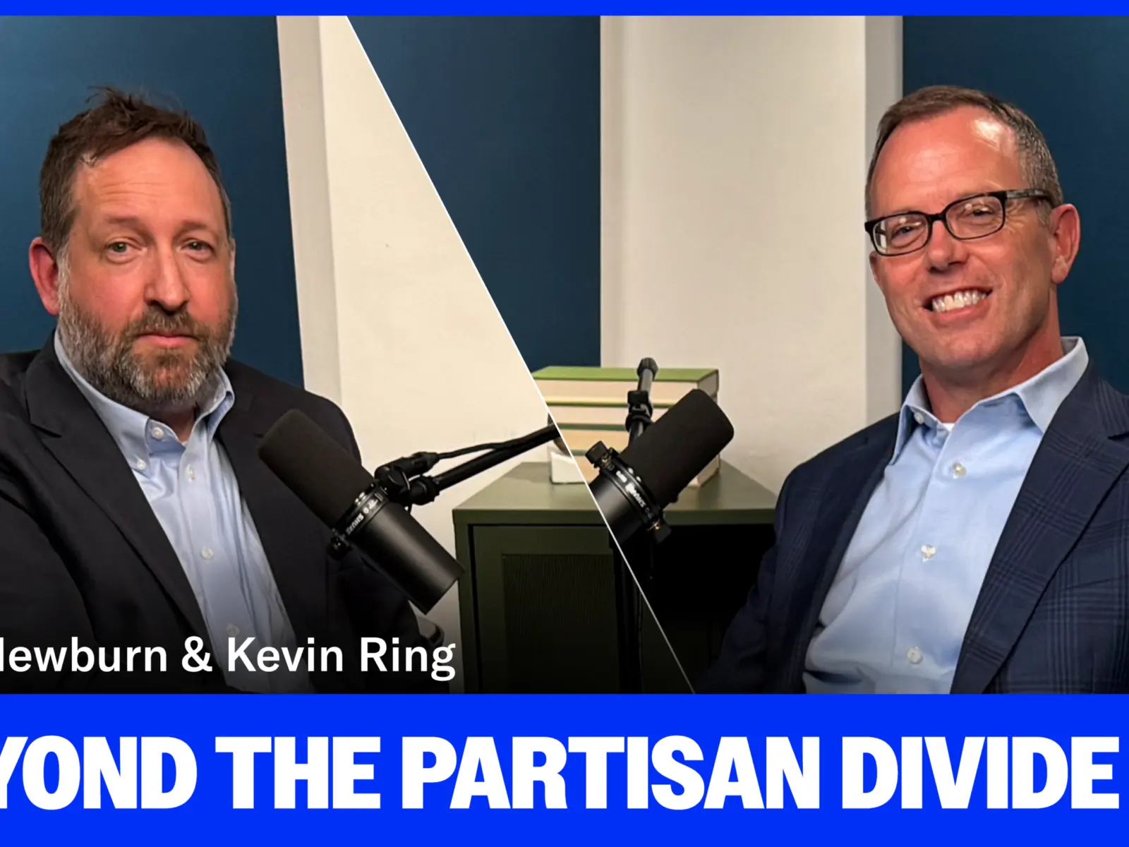 Two men sit in a studio setting, discussing topics related to partisanship. They are positioned with microphones and a modern backdrop.