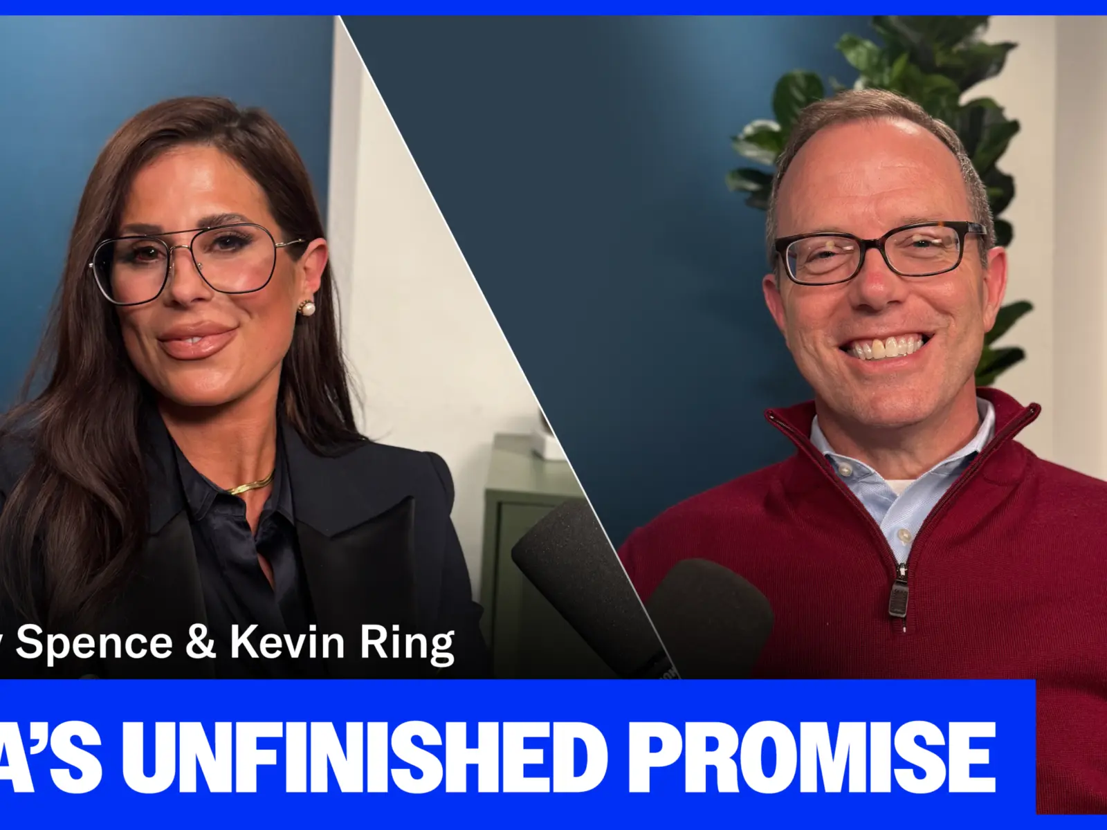 Split-screen promo with two people on camera, one with glasses and long dark hair, one in a red top; text reads Ashley Spence & Kevin Ring.