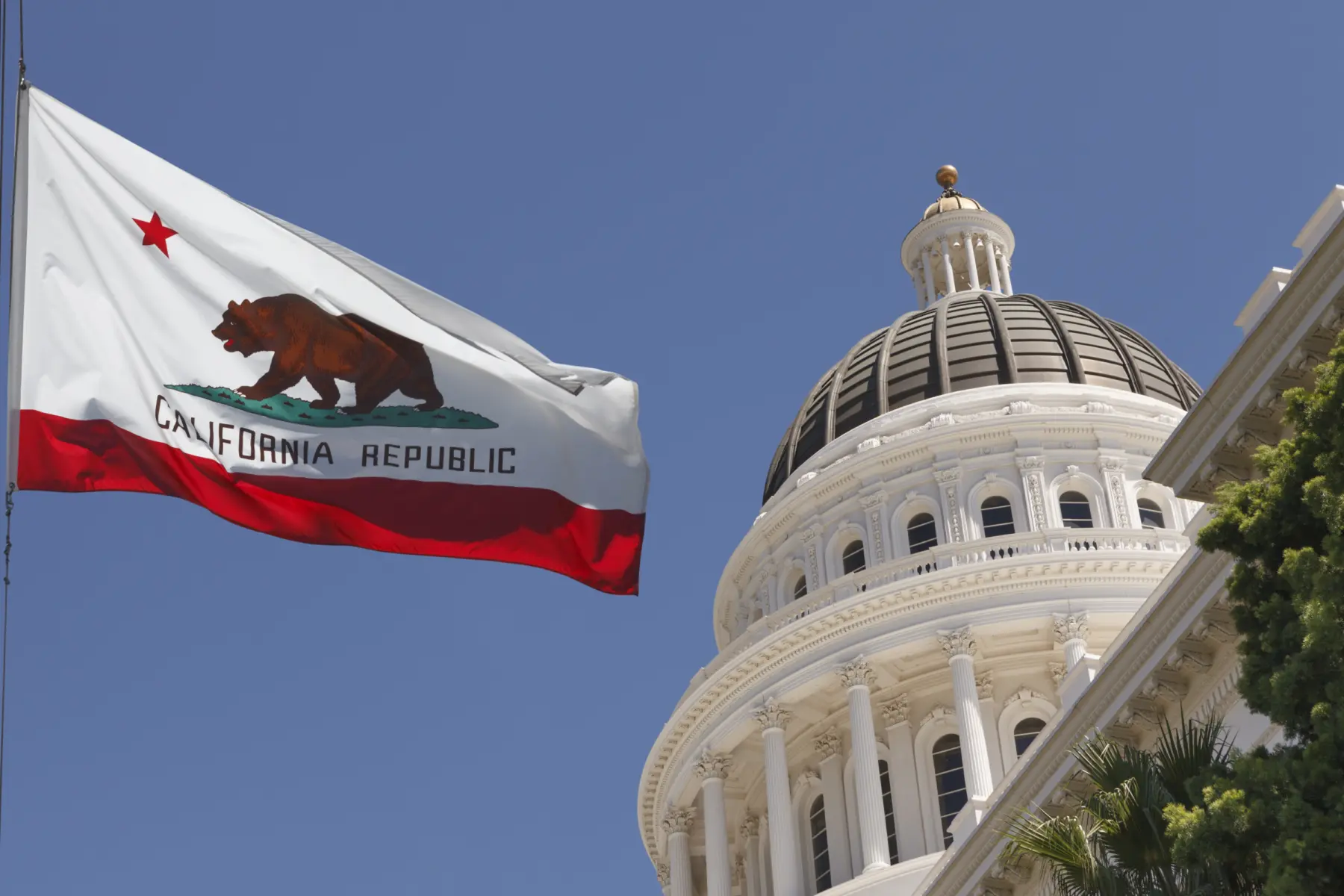 The California flag waves prominently against a clear blue sky, with the elegant dome of the state capitol building in the background.