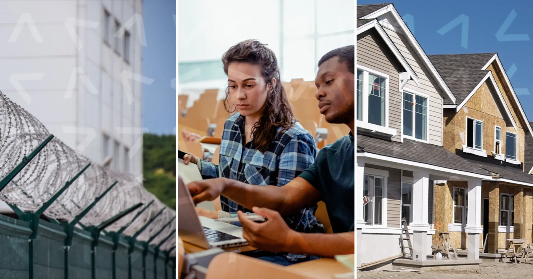 A montage featuring barbed wire fencing, two students collaborating on a laptop, and a partially constructed house under clear skies.