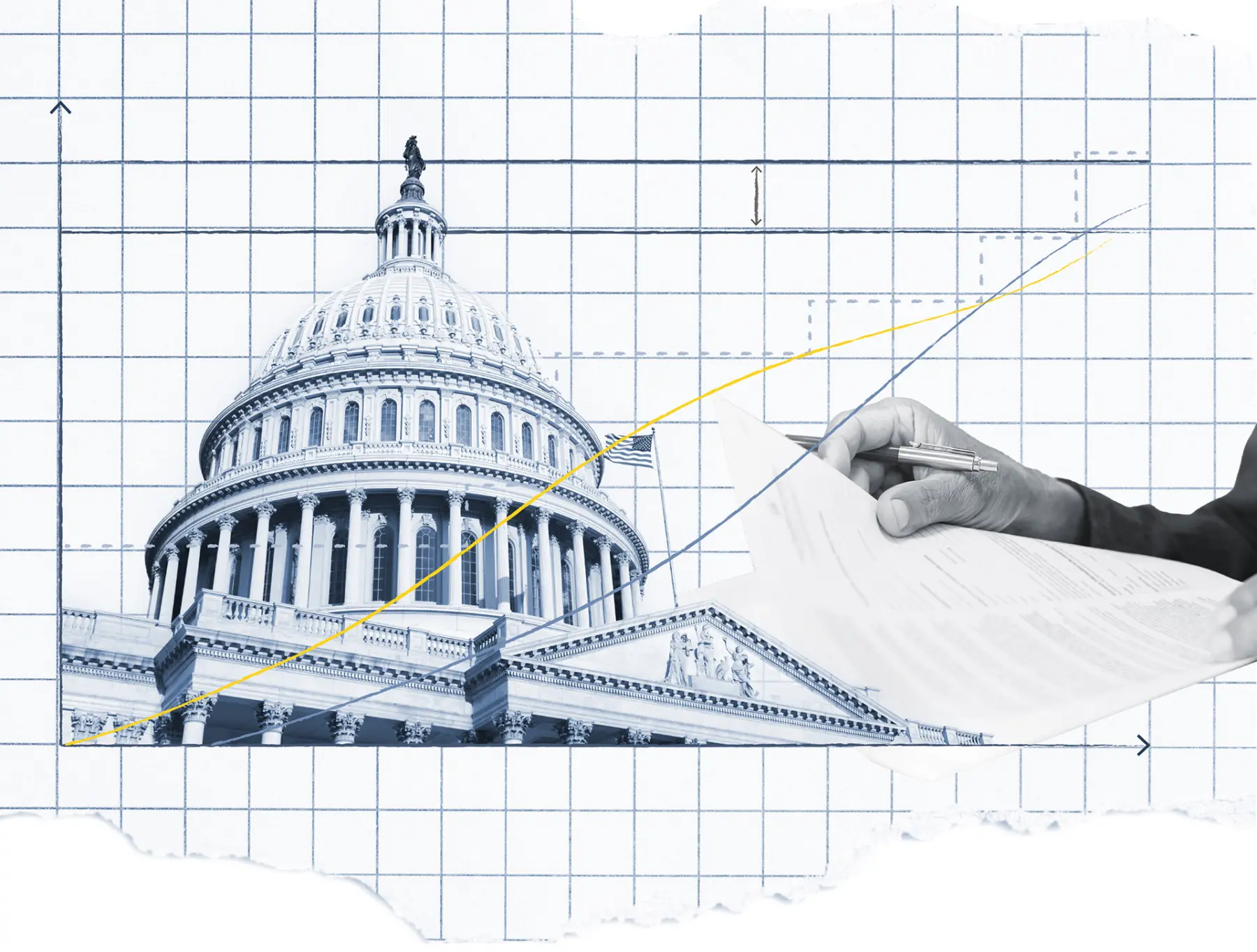 The U.S. Capitol dome is depicted alongside a hand holding documents, with a graph background.