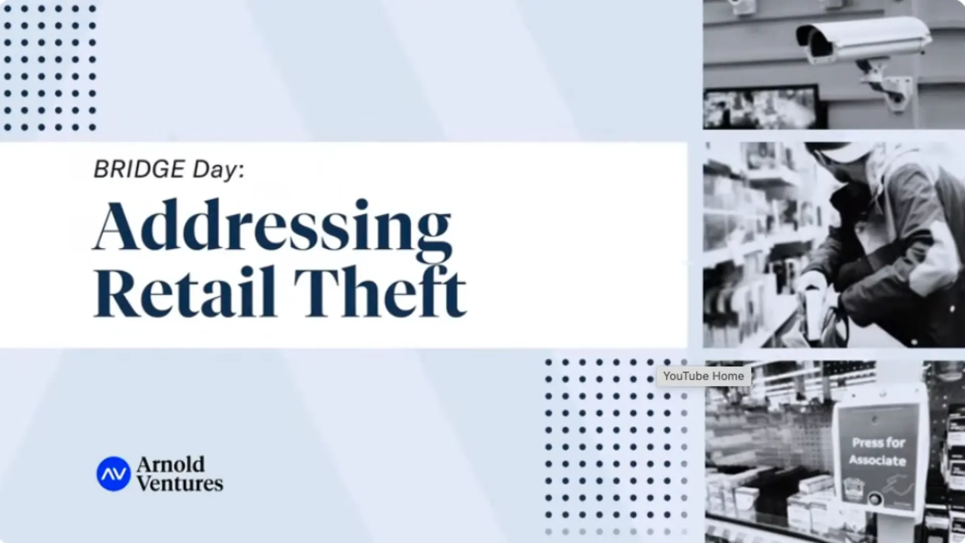 Text highlights "BRIDGE Day: Addressing Retail Theft" with visuals of security cameras, a person stealing, and a retail aid sign.
