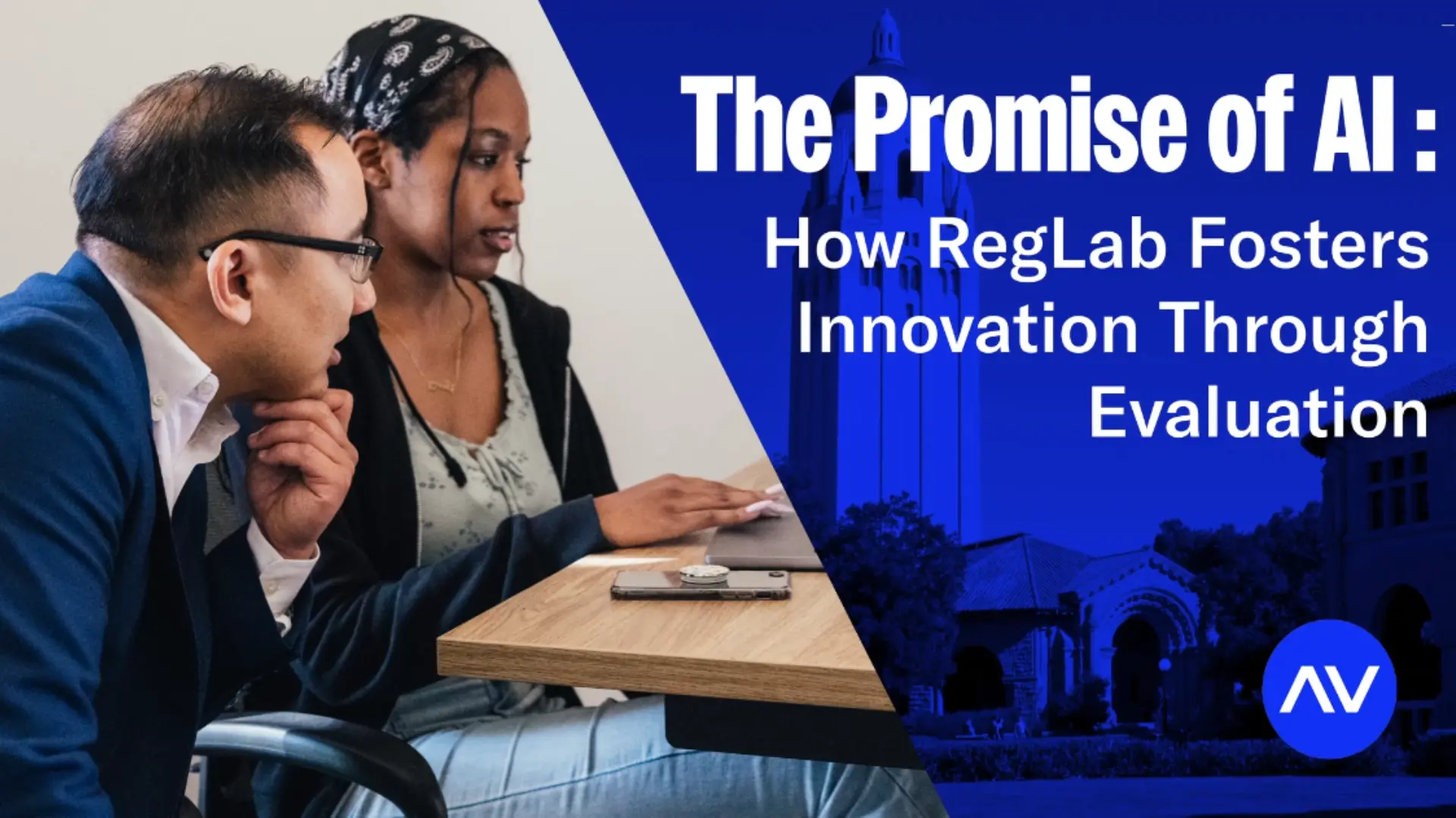 Two individuals collaborate on a laptop, discussing the role of AI in innovation, framed by a university backdrop and informative text.