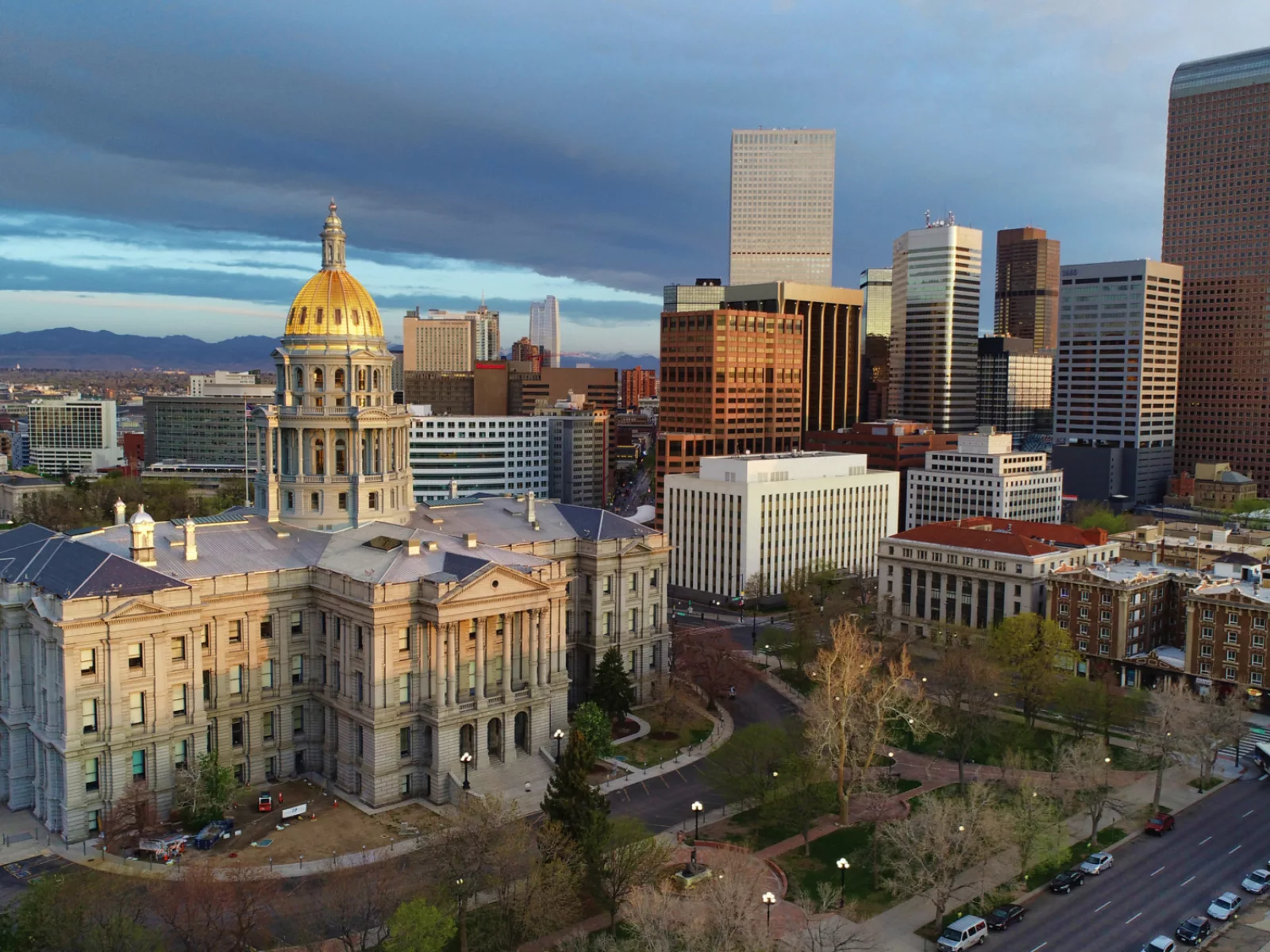 Denver's Capitol and skyscrapers taken from a drone.