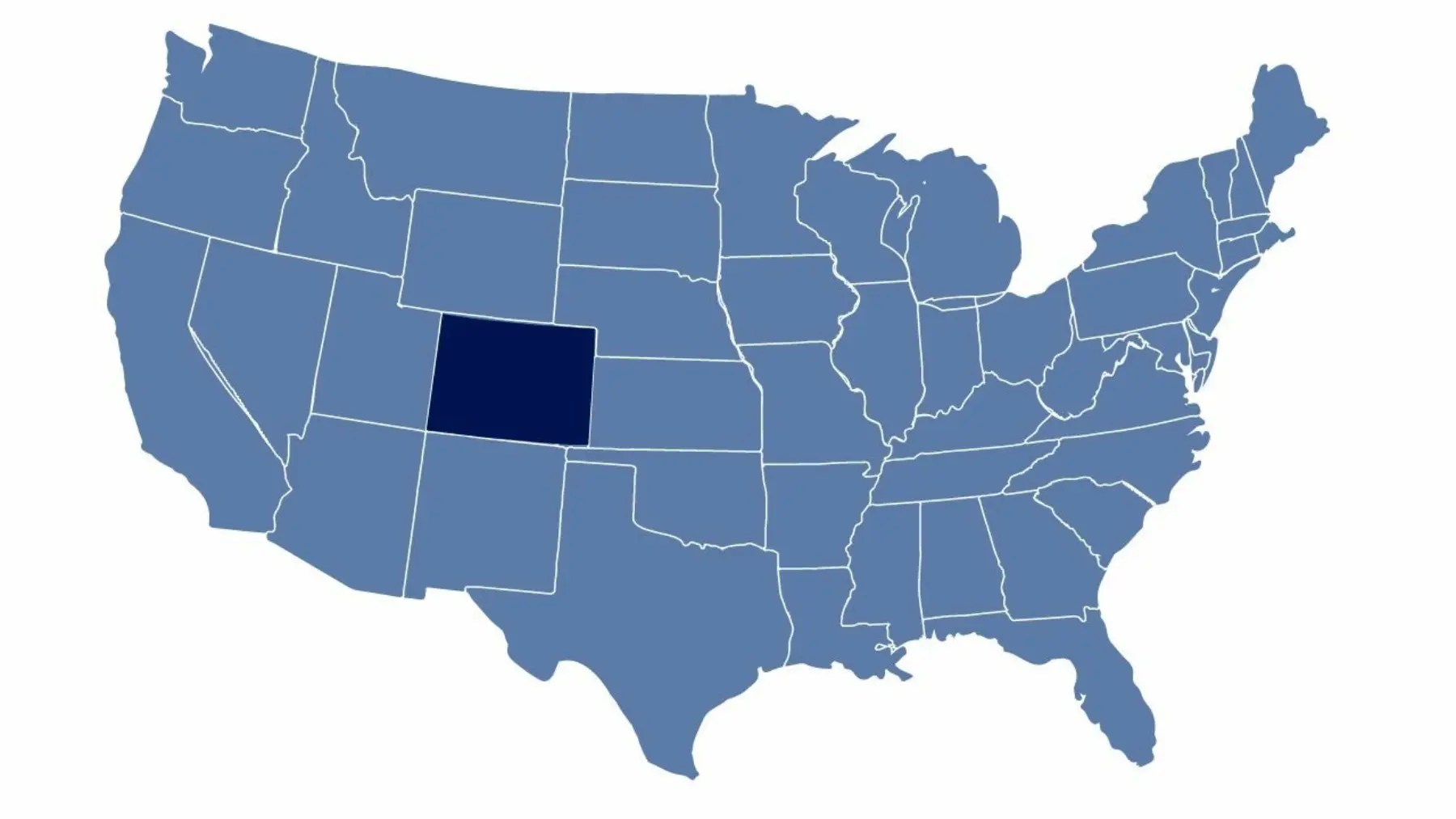 A map of the contiguous United States highlights Colorado in dark blue, showcasing its geographic position among neighboring states.