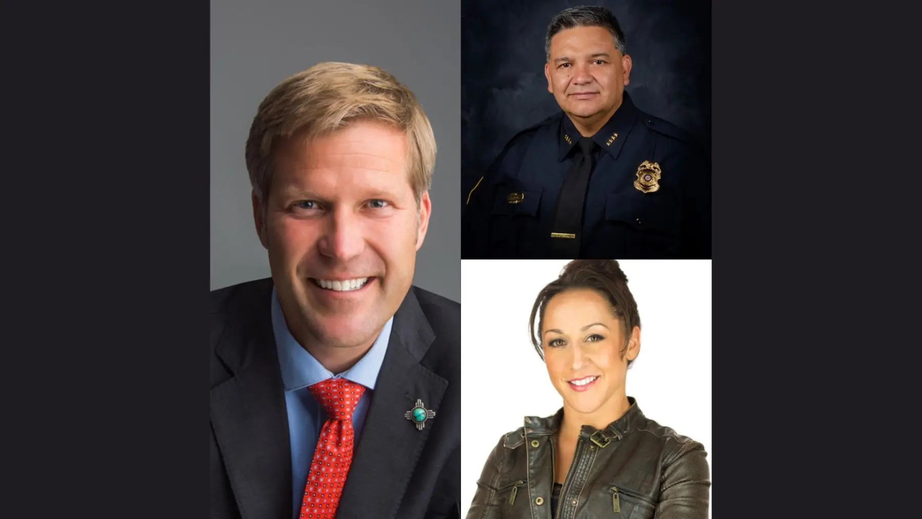 Three portraits: a smiling man in a suit, a police officer in uniform, and a woman in a leather jacket, all presented in a collage format.