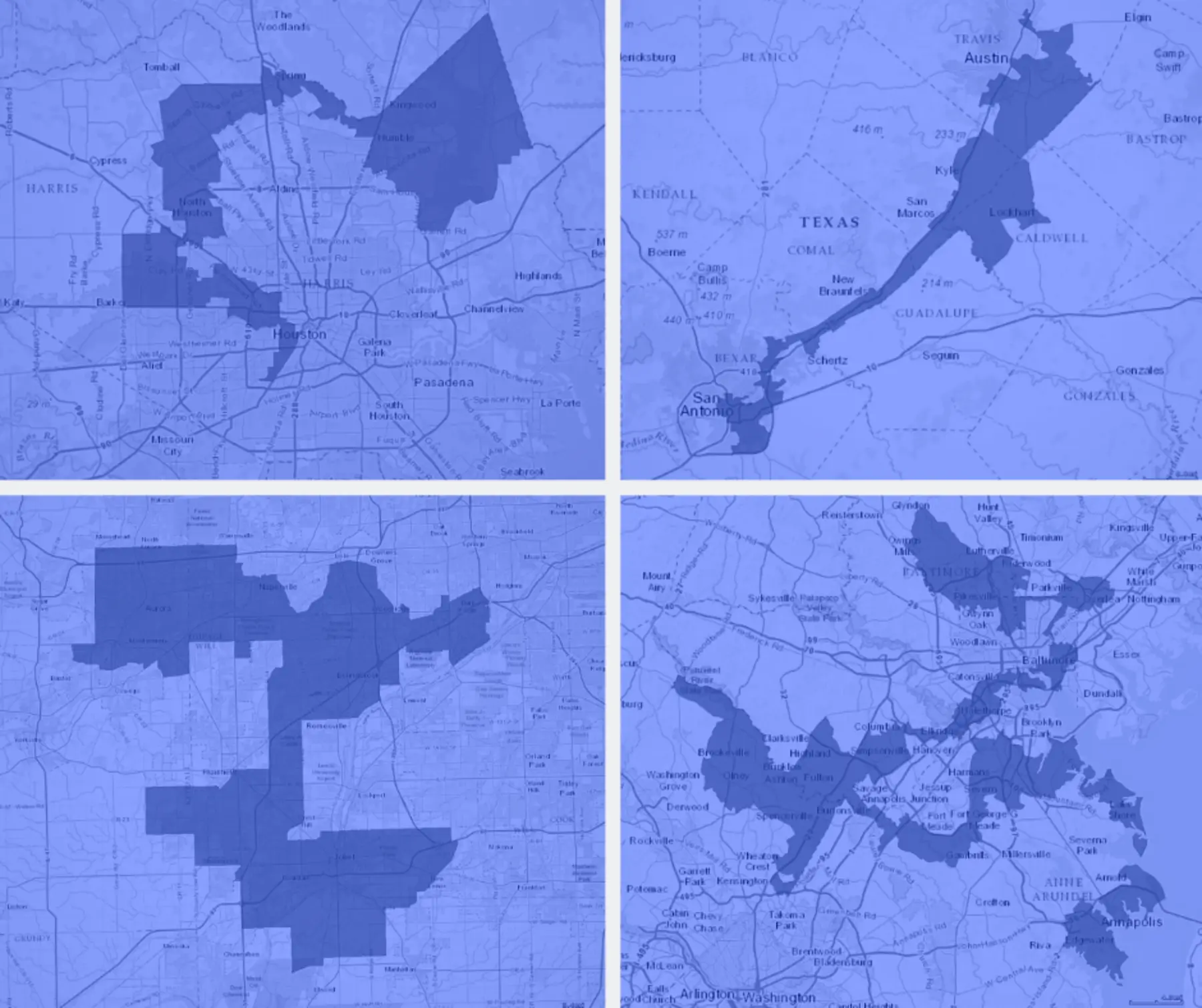 Four maps of Texas and Maryland are displayed in a grid, highlighting various shaded areas against a blue background.