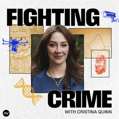 A woman with shoulder-length hair and a blue blazer is featured alongside the words "FIGHTING CRIME" and various crime-related visuals.