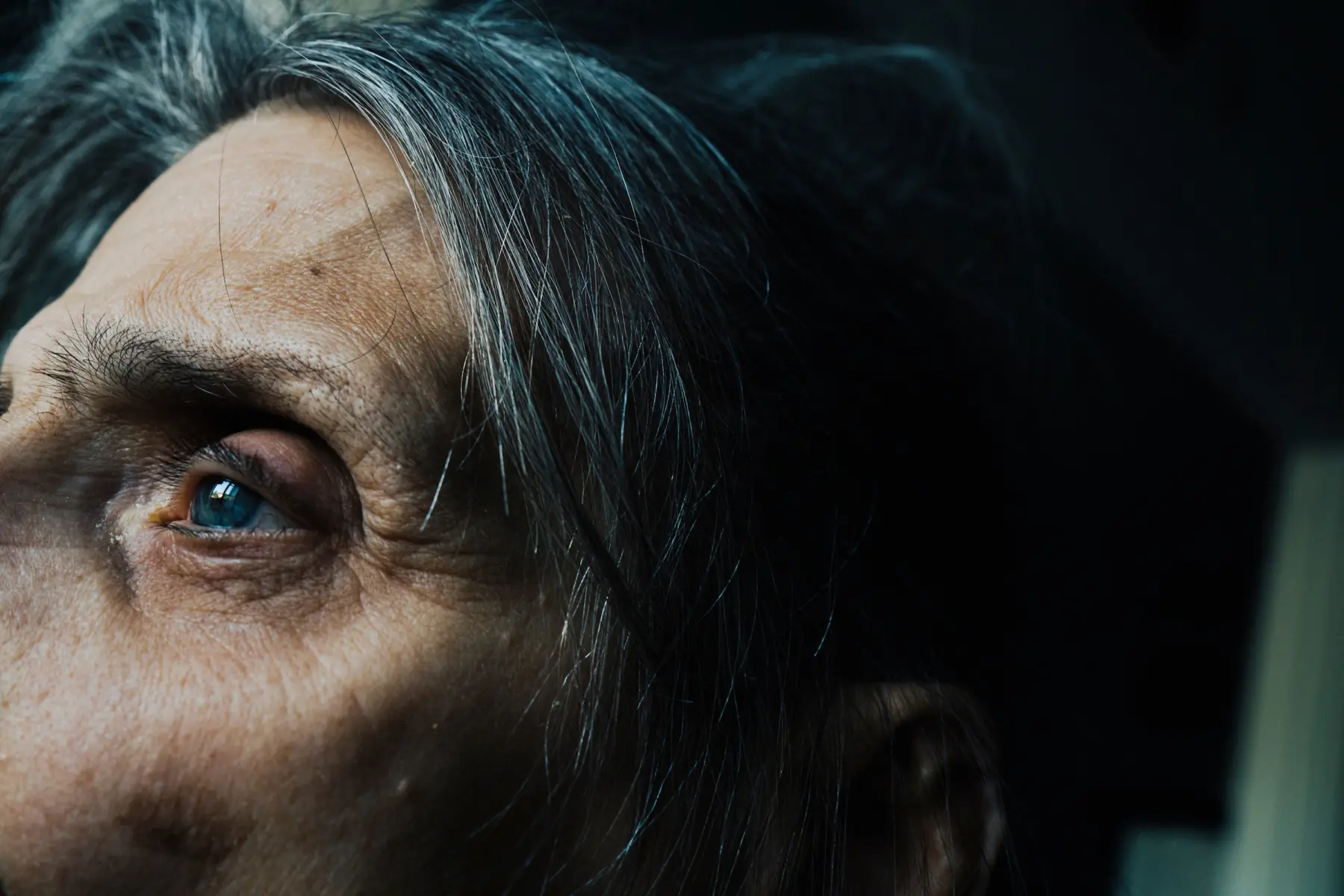 Ann is seen close up on the right side of her face. Her blue eye looks forward, her brow is furrowed and her gray hair falls to each side of her face.